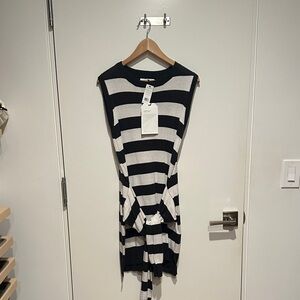 Current/Elliott Black and White Striped Midi Dress with Front Knot